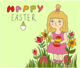 Cute little child girl holding painted egg in flowers