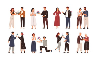 Collection of cute men giving flowers to women. Bundle of young and elderly admirers or adorers giving beautiful bouquets. Set of people with romantic gifts. Flat cartoon colorful vector illustration.