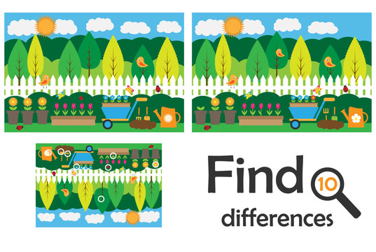 Find 10 differences, game for children, garden cartoon, education game for kids, preschool worksheet activity, task for the development of logical thinking, vector illustration