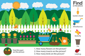 Activity page, garden picture in cartoon style, find images and answer the questions, visual education game for the development of children, kids preschool activity, worksheet, vector illustration