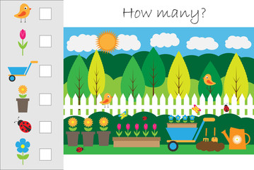 How many counting game with garden picture for kids, educational maths task for the development of logical thinking, preschool worksheet activity, count and write the result, vector illustration