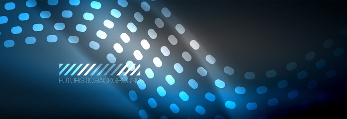 Fototapeta premium Glowing abstract wave on dark, shiny motion, Christmas and New Year magic space light. Techno abstract background