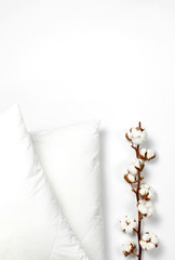 Soft white quilted pillow and branch of cotton on light background top view. Clean pillow, interior item, bedding mockup design template