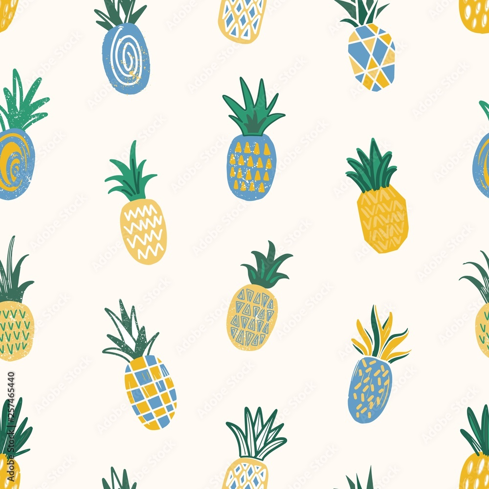 Aufkleber Summer seamless pattern with pineapples of different texture scattered on white background. Backdrop with delicious sweet fresh tropical juicy fruits. Flat vector illustration for fabric print.