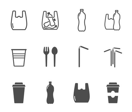 plastic products vector icon set. plastic bag, bottle, cup and straws outline and silhouette black icons