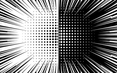Speed lines background. Effect motion lines for comic book and manga. Radial rays from center of frame with effect explosion. Template for design. Black and white vector illustration
