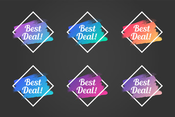 best deal color promo phrase. best deal stock vector illustrations with painted gradient brush strokes over rhombus frames for advertising labels, stickers, banners, leaflets, badges, tags, posters