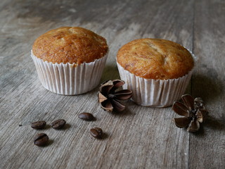 muffins on wooden table