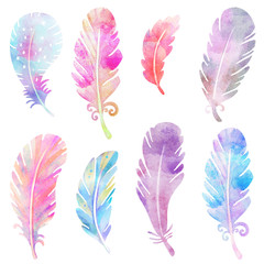 Feathers watercolor set. Isolated on white background