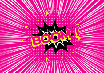 Lettering boom. Pop art. Bright pink colorful speed lines background. Effect motion lines for comic book and manga. Radial rays from center of frame with effect explosion. Template for design. Vector