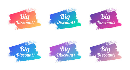big discount color promo phrase. big discount stock vector illustrations with painted gradient brush strokes for advertising labels, stickers, banners, leaflets, badges, tags, posters