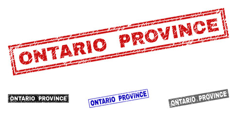 Grunge ONTARIO PROVINCE rectangle stamp seals isolated on a white background. Rectangular seals with grunge texture in red, blue, black and grey colors.