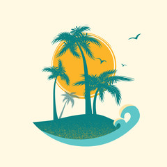 Tropical island paradise with palms silhouette and sun.Vector symbol