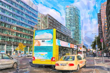 Obraz na płótnie Canvas Watercolor illustration of Berlin Potsdamer Place with traffic jam.