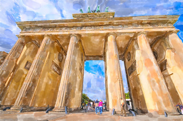 Watercolor illustration Brandenburg Gate in Berlin. © lcrms