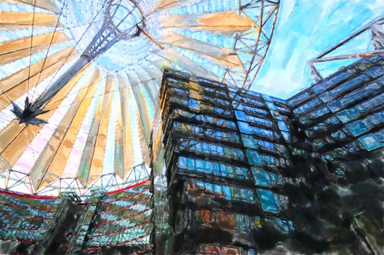 Watercolor illustration Berlin Potsdmer place with Sonycenter architecture.