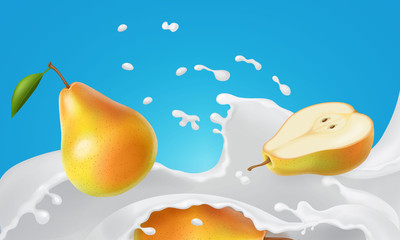 Fototapeta na wymiar Pear and milk splash. Yellow pear fruit floating in cream yogurt
