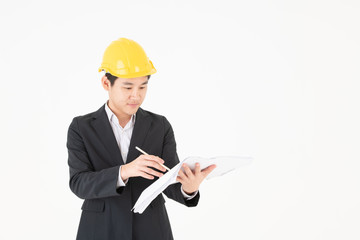 Asian male construction engineer follow up construction progress