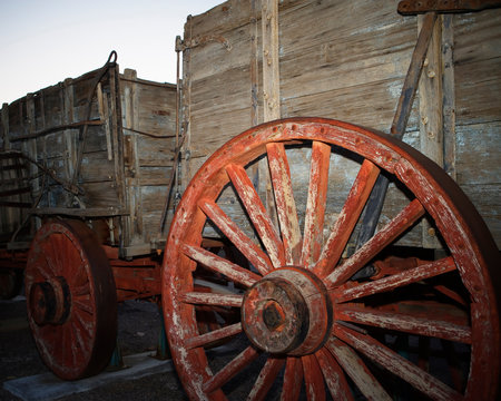 Red wagon wheel, Harmony Borax Works. Death Valley National Park, California.