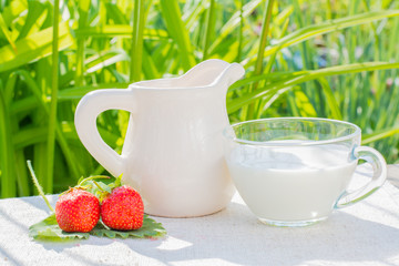 Strawberry berries and leaves, a jug and a cup with milk on a napkin on a background of grass