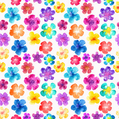 Watercolor seamless pattern many small multi-colored flowers on white background . Hand drawn illustration