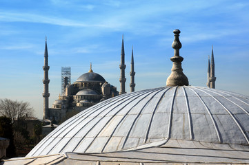 View to Blue mosque from Hagia Sophia dome, Istanbul, Turkey.