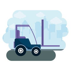 under construction forklift vehicle with cityscape