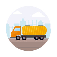 Naklejka premium tanker truck vehicle with cityscape