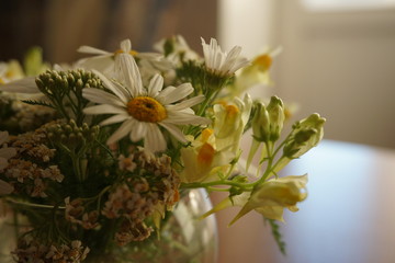 bouquet of daisies in a vase sitting on a table