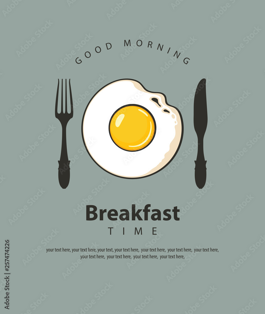 Poster vector banner on the theme of breakfast time with fried egg, fork and knife on the grey background w