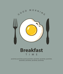 Vector banner on the theme of Breakfast time with fried egg, fork and knife on the grey background with place for text in retro style