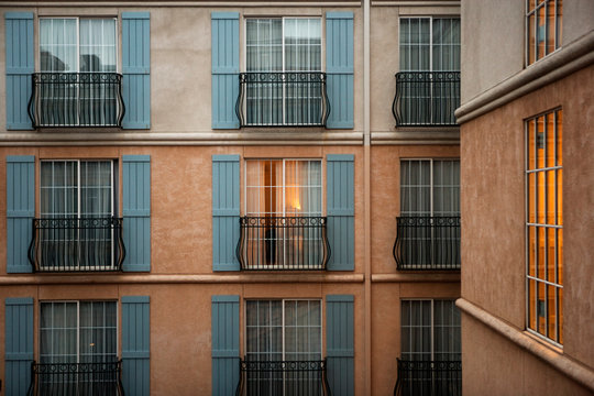 Exterior view of hotel windows.