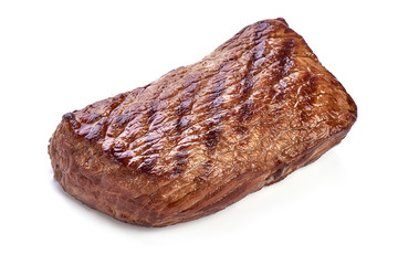 Grilled juicy beef fillet steak, fried meat, close-up, isolated on white background