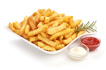 Potato fry, French fried potato fries with tomato sauce and mayonnaise, close-up, isolated on white background