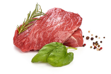 Raw ribeye beef steak with spices, sliced fresh meat, close-up, isolated on white background