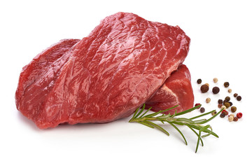 Raw ribeye beef steak with rosemary, sliced fresh meat, close-up, isolated on white background
