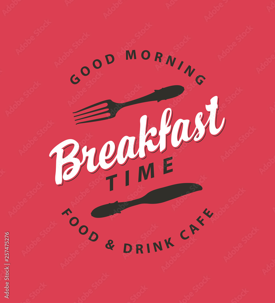 Poster vector banner on the theme of breakfast time with fork and knife on the background of red tablecloth