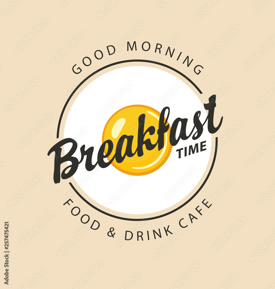 Poster vector banner on the theme of breakfast time with fried egg on a circle plate with inscriptions in r