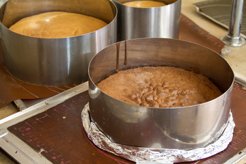 Close up view of freshly baked chocolate cake in baking mold
