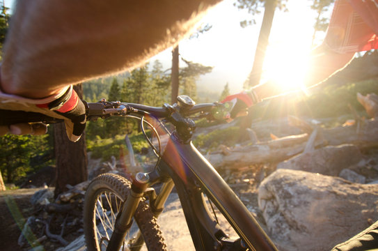 Jake Dore mountain biking on the Corral Trail in Lake Tahoe, California.
