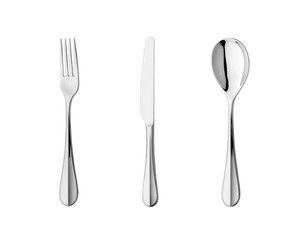 Simple set of fork, knife and spoon isolated on white background.
