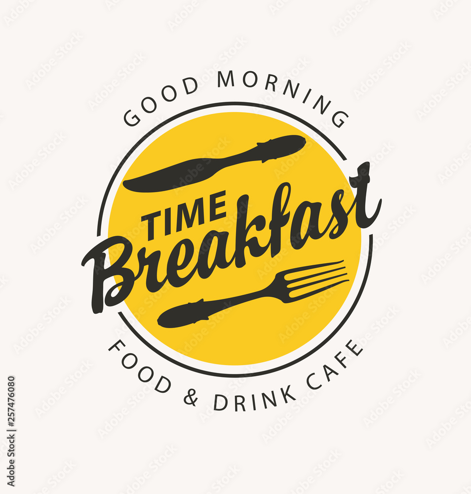 Poster vector banner on the theme of breakfast time with fork and knife on the background of yellow circle 