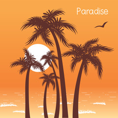 Obraz na płótnie Canvas Tropical island paradise with palms silhouette and sunset