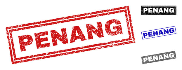 Grunge PENANG rectangle stamp seals isolated on a white background. Rectangular seals with distress texture in red, blue, black and gray colors.