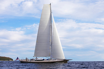 The luxury sailing yacht "Isobel" sails off the coast of Maine. "Isobel" is a 75' cold-molded Spirit of Tradition yacht, designed by Stephens & Waring Yacht Design and built by Brooklin Boatyard, Maine.