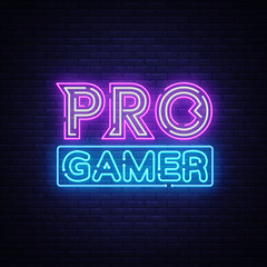 Naklejka na ściany i meble Pro Gamer neon sign vector. Neon Gaming Design template, light banner, night signboard, nightly bright advertising, light inscription. Vector illustration