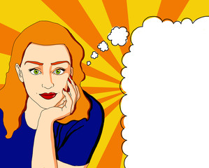 Pop illustration of a pretty woman with pin up look with a bubble in which you can put an advertising message