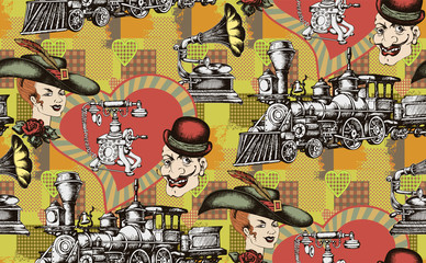 Pattern of vintage train and other items from 1900. Vector illustration. Suitable for fabric, wrapping paper and the like