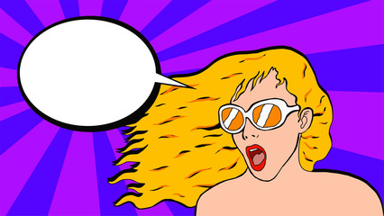 Pop illustration of a pretty woman with pin up look with a bubble in which you can put an advertising message