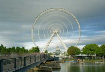 A long time exposure of the Montreal big wheel and the Ïle Bonsecours in the Old Port district